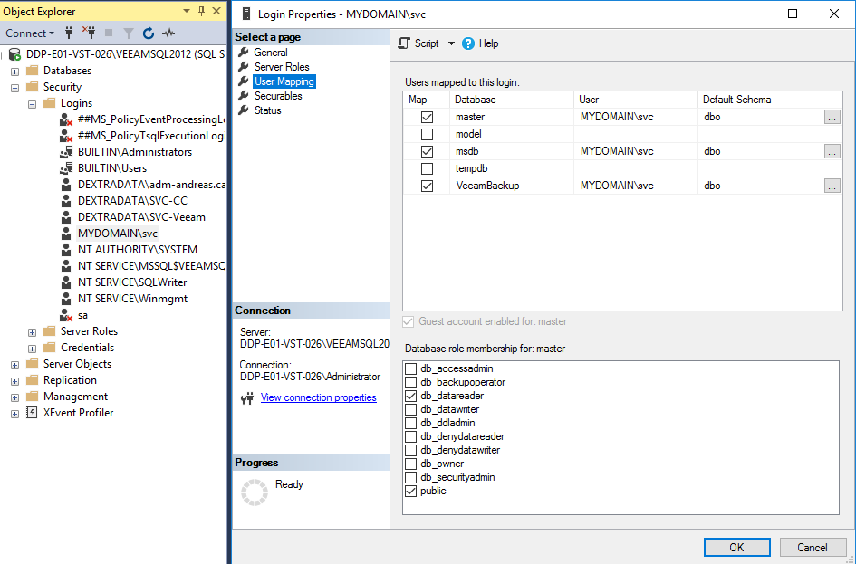 Abbildung: Ingram Micro COCKPIT-Rolle auf Veeam-Datenbank setzen